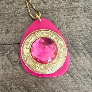 Handmade Polymer Clay with Pink and Gold Repurposed Gem Pendant Necklace